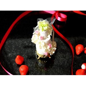 画像: ウエルカムケーキ　リングピロー　食品サンプル　小サイズ　フェイクウェディングケーキ　イエロ＆ピンク　小物入れ
